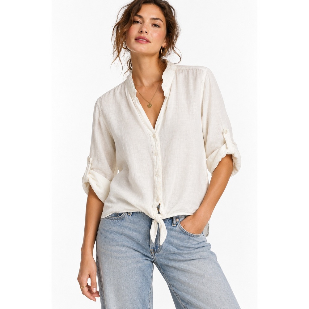 Cloth & Stone White 100% Linen Tie Front Button Down Shirt Large